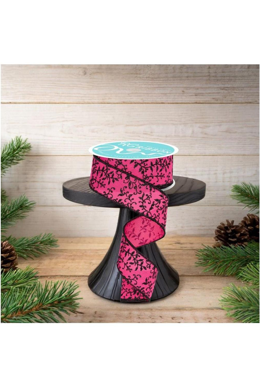 1.5" Glitter Mini Leaf Vines Ribbon: Pink/Black (10 Yards)