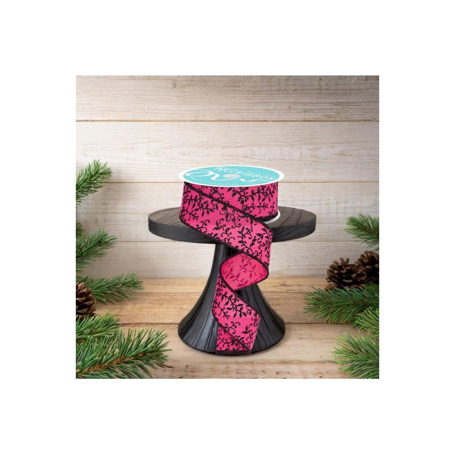 Shop For 1.5" Glitter Mini Leaf Vines Ribbon: Pink/Black (10 Yards)