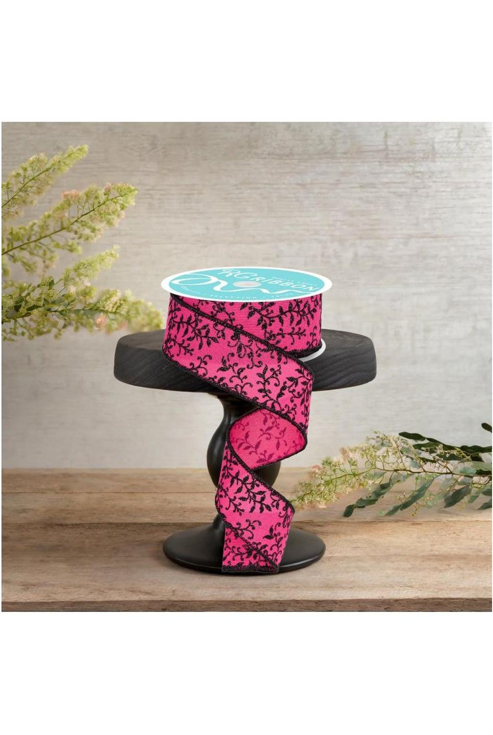 1.5" Glitter Mini Leaf Vines Ribbon: Pink/Black (10 Yards)