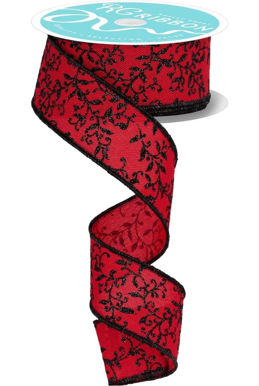1.5" Glitter Mini Leaf Vines Ribbon: Red/Black (10 Yards)