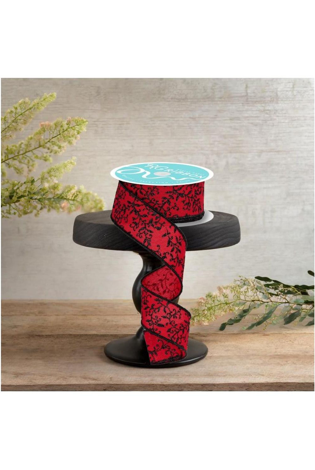 1.5" Glitter Mini Leaf Vines Ribbon: Red/Black (10 Yards)