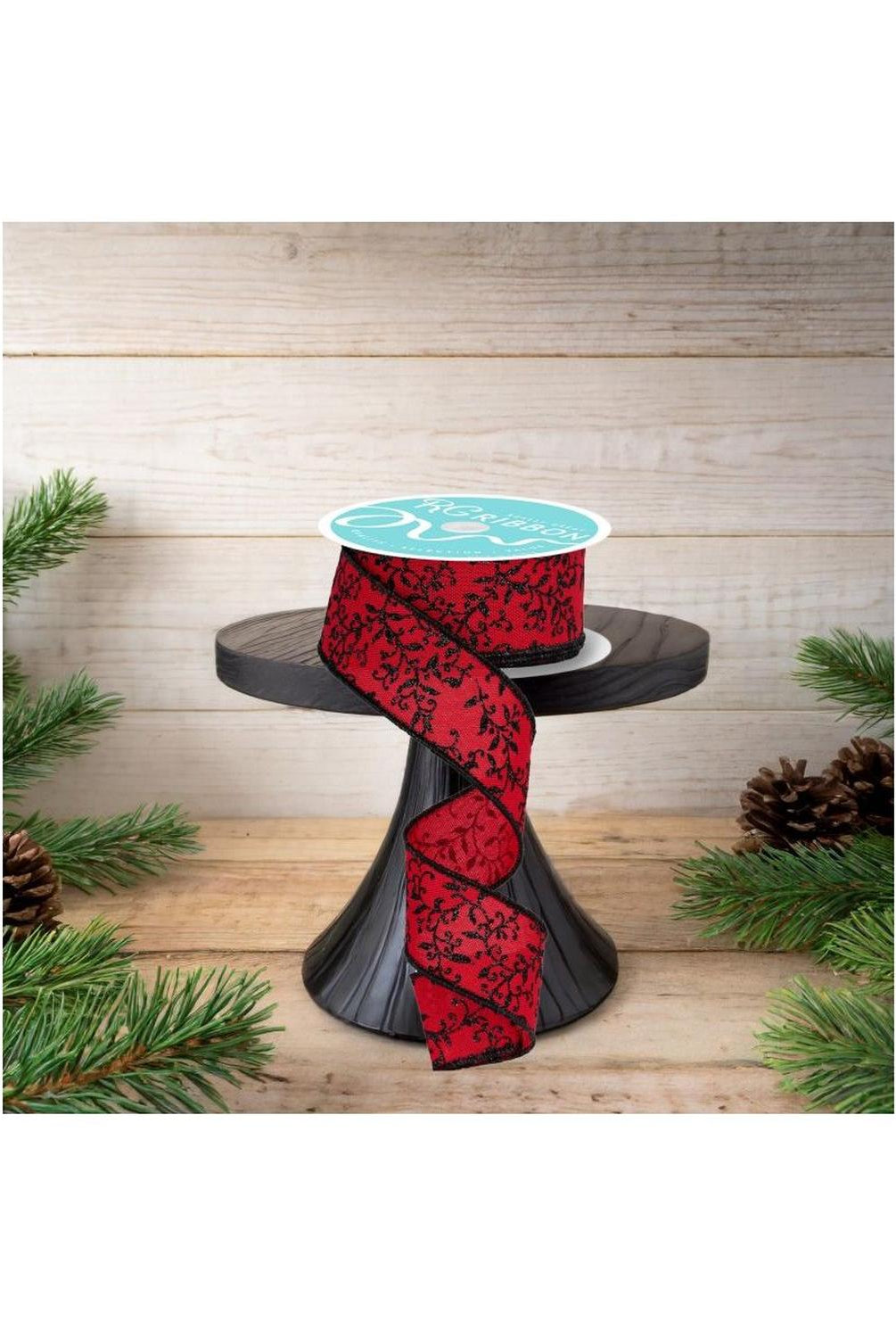 1.5" Glitter Mini Leaf Vines Ribbon: Red/Black (10 Yards)