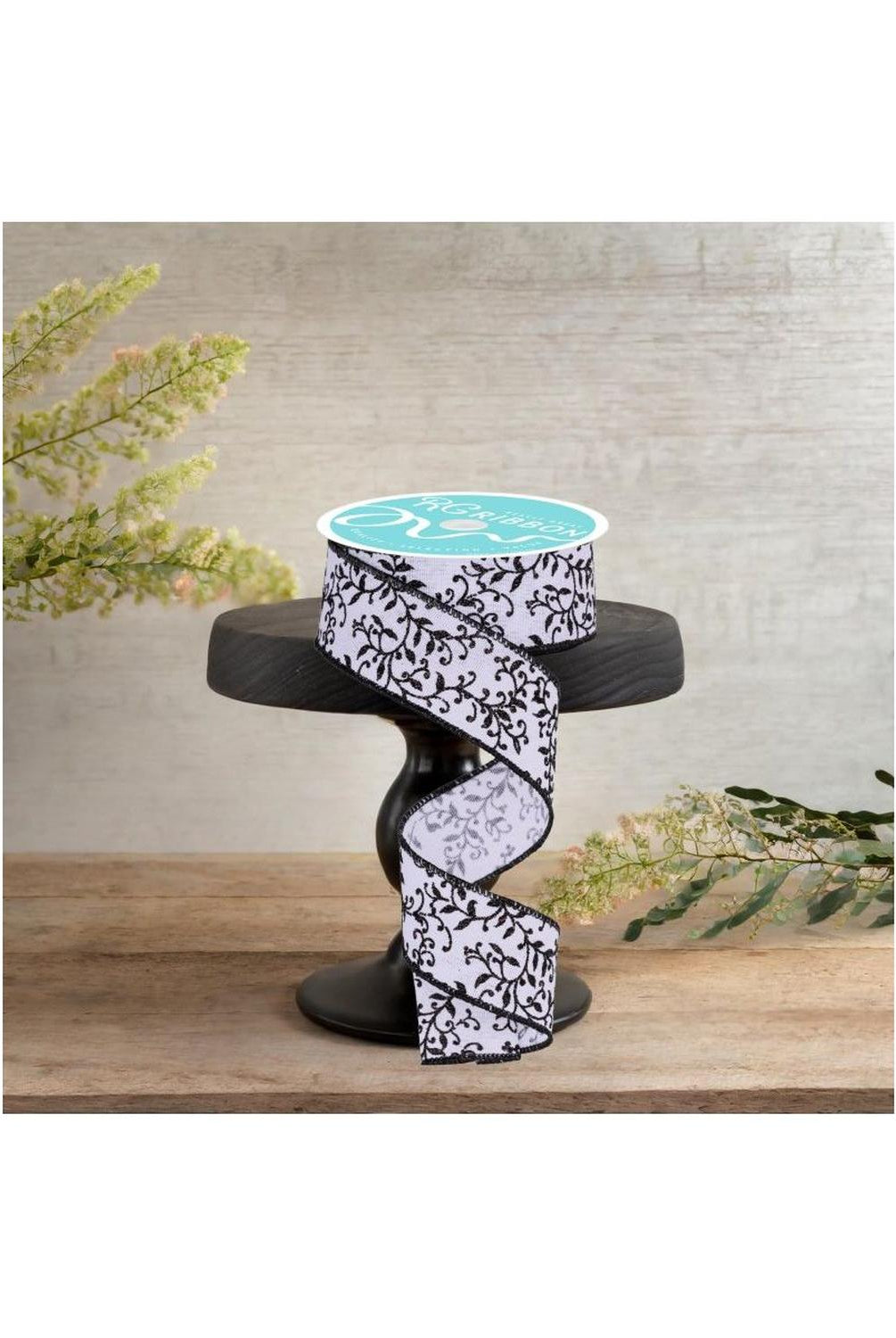 1.5" Glitter Mini Leaf Vines Ribbon: White/Black (10 Yards)