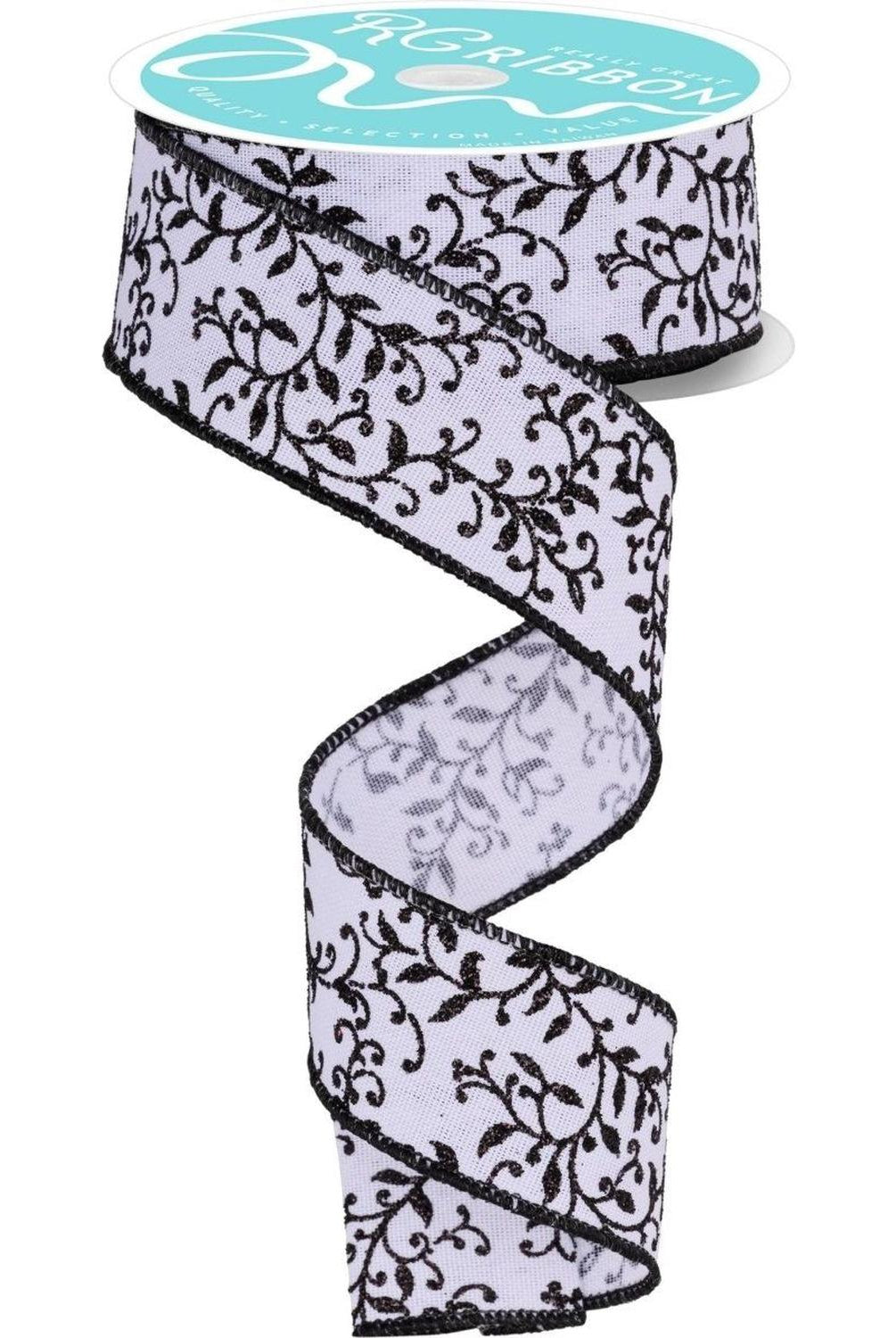 1.5" Glitter Mini Leaf Vines Ribbon: White/Black (10 Yards)