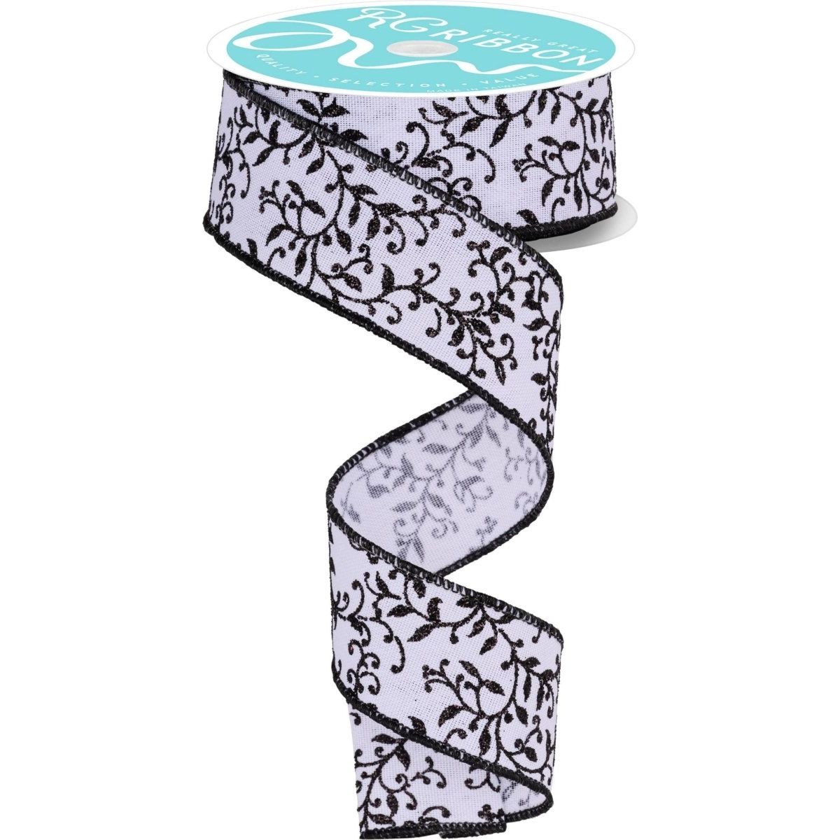 Shop For 1.5" Glitter Mini Leaf Vines Ribbon: White/Black (10 Yards)