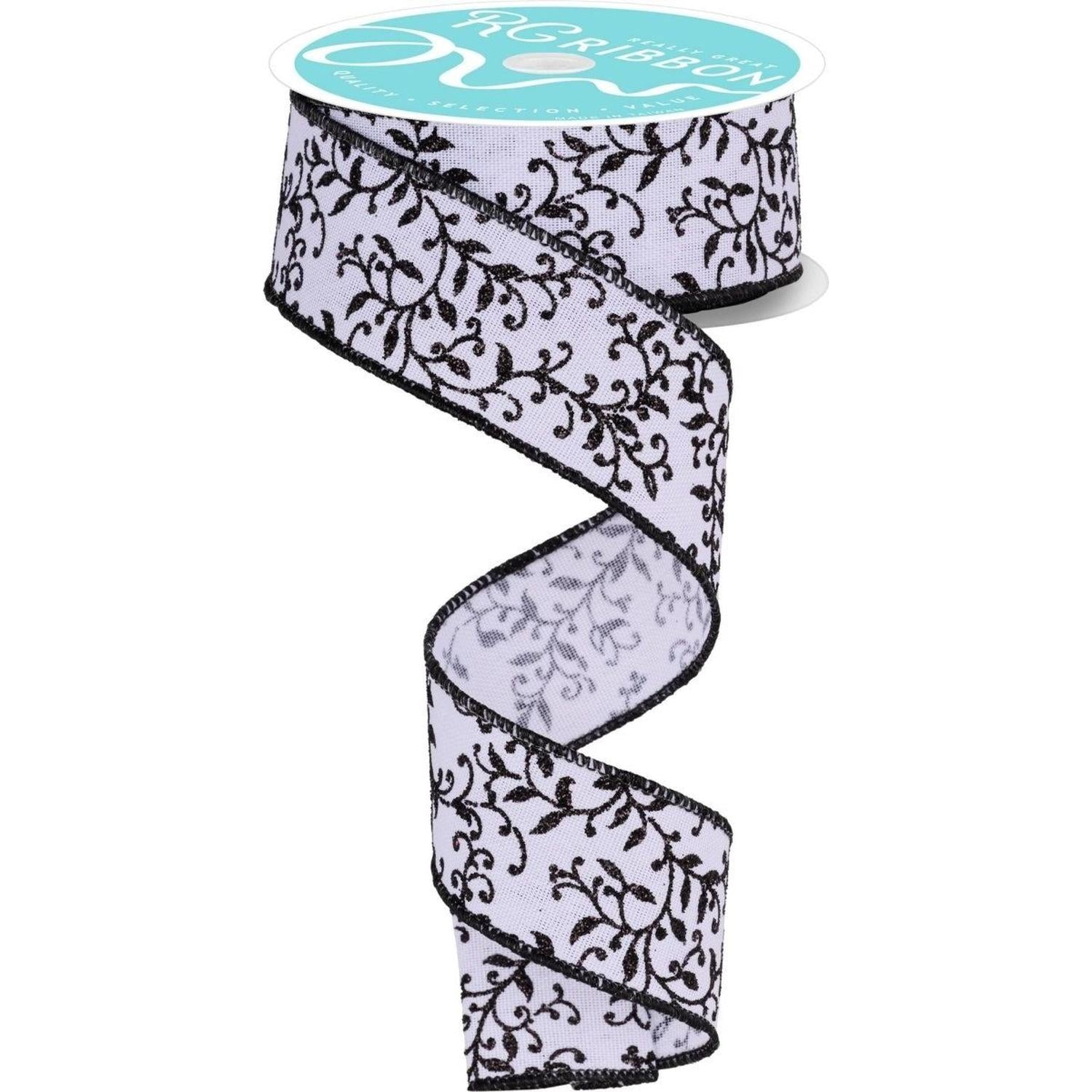 Shop For 1.5" Glitter Mini Leaf Vines Ribbon: White/Black (10 Yards)