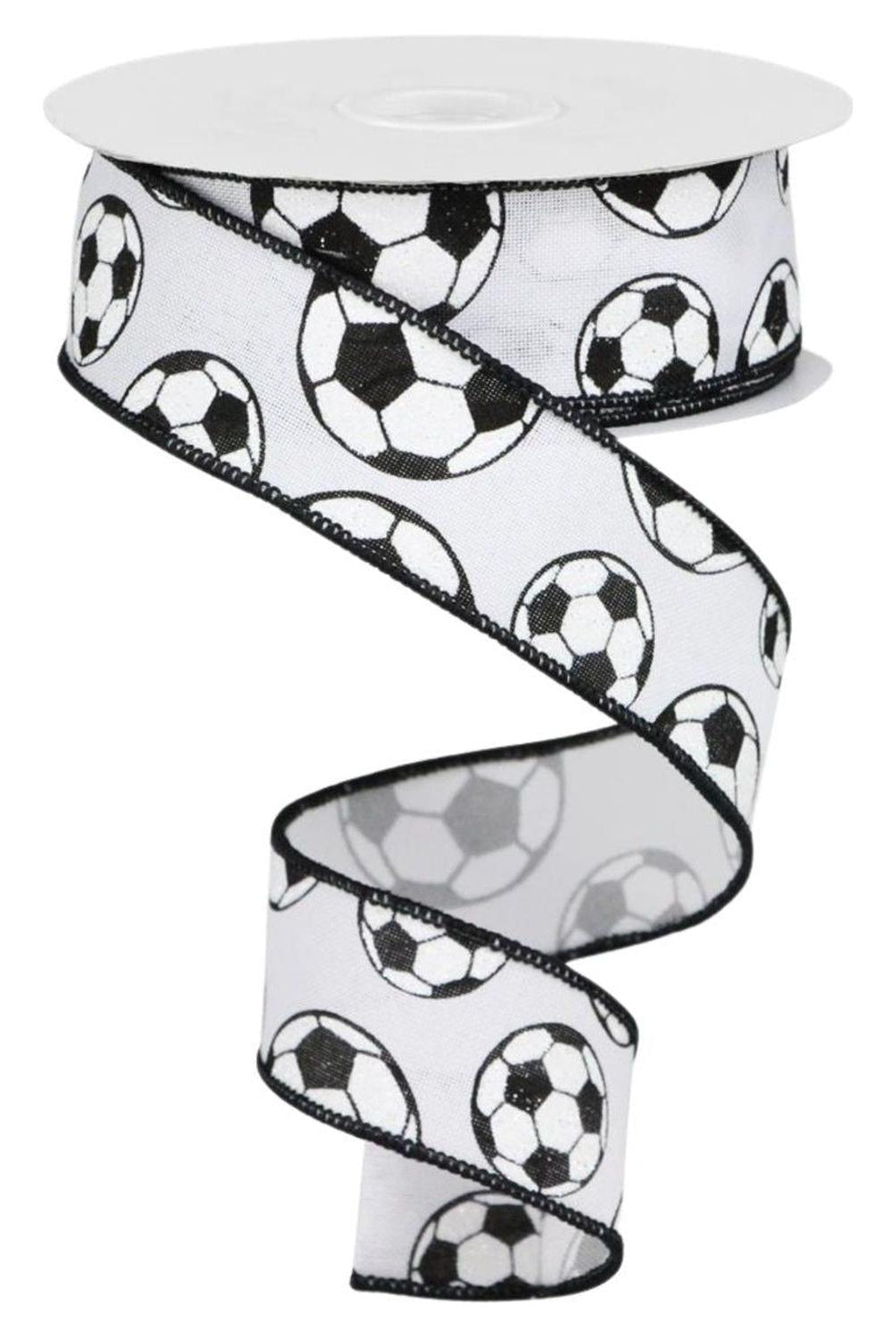 1.5" Glitter Soccer Ball Ribbon: White (10 Yards)
