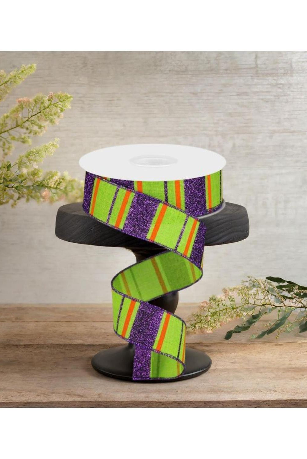 Shop For 1.5" Glitter Stripes on Royal Ribbon: Lime Green, Purple & Orange (10 Yards) at Michelle's aDOORable Creations