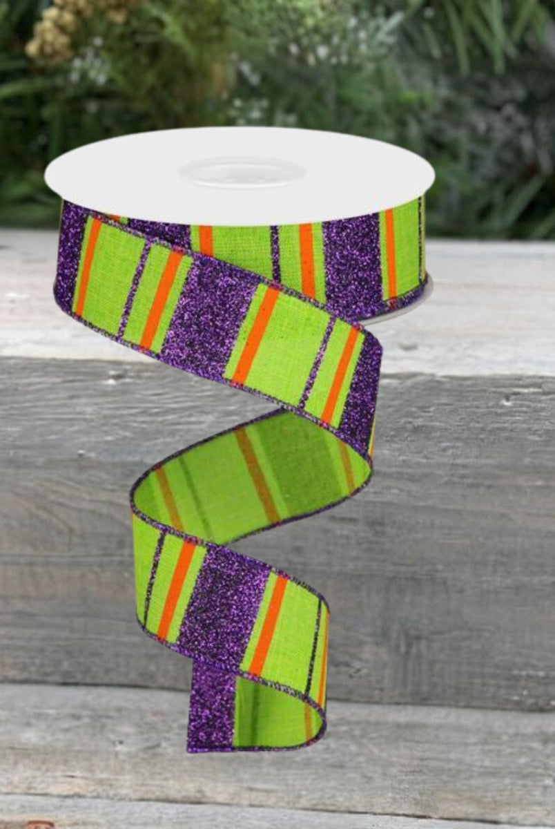Shop For 1.5" Glitter Stripes on Royal Ribbon: Lime Green, Purple & Orange (10 Yards) at Michelle's aDOORable Creations