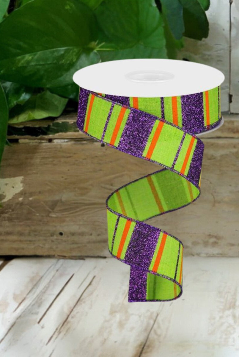Shop For 1.5" Glitter Stripes on Royal Ribbon: Lime Green, Purple & Orange (10 Yards) at Michelle's aDOORable Creations