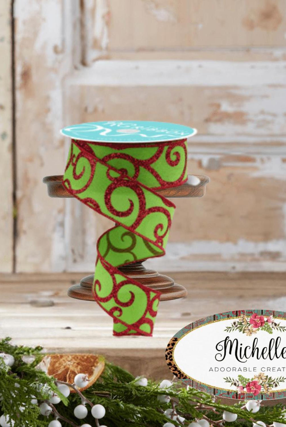 1.5" Glitter Swirl Ribbon: Green/Red (10 Yards)