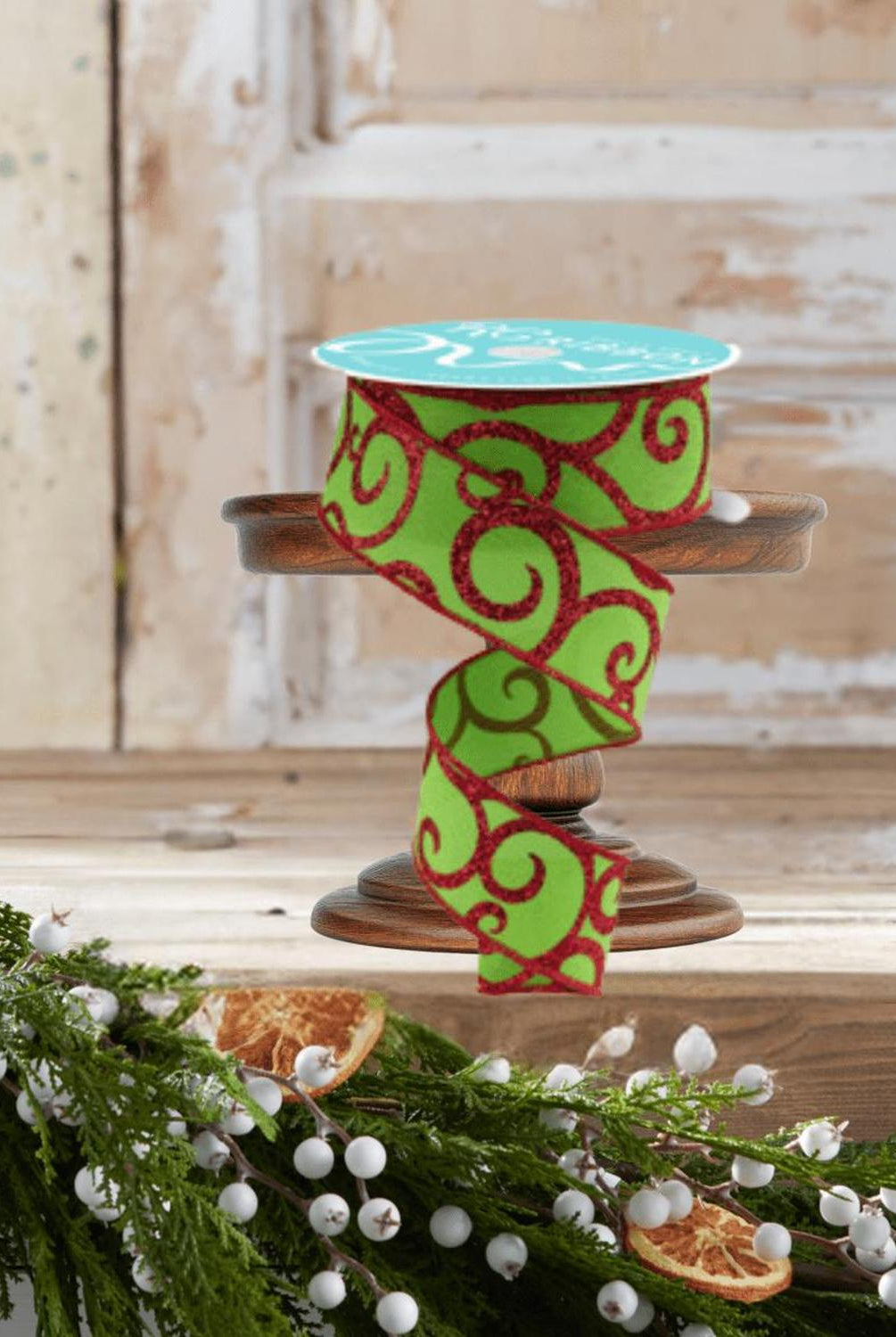 1.5" Glitter Swirl Ribbon: Green/Red (10 Yards)