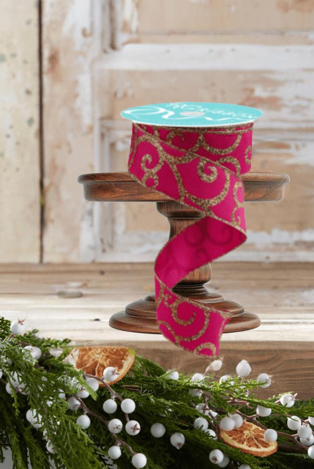 1.5" Glitter Swirl Ribbon: Hot Pink/Gold (10 Yards)