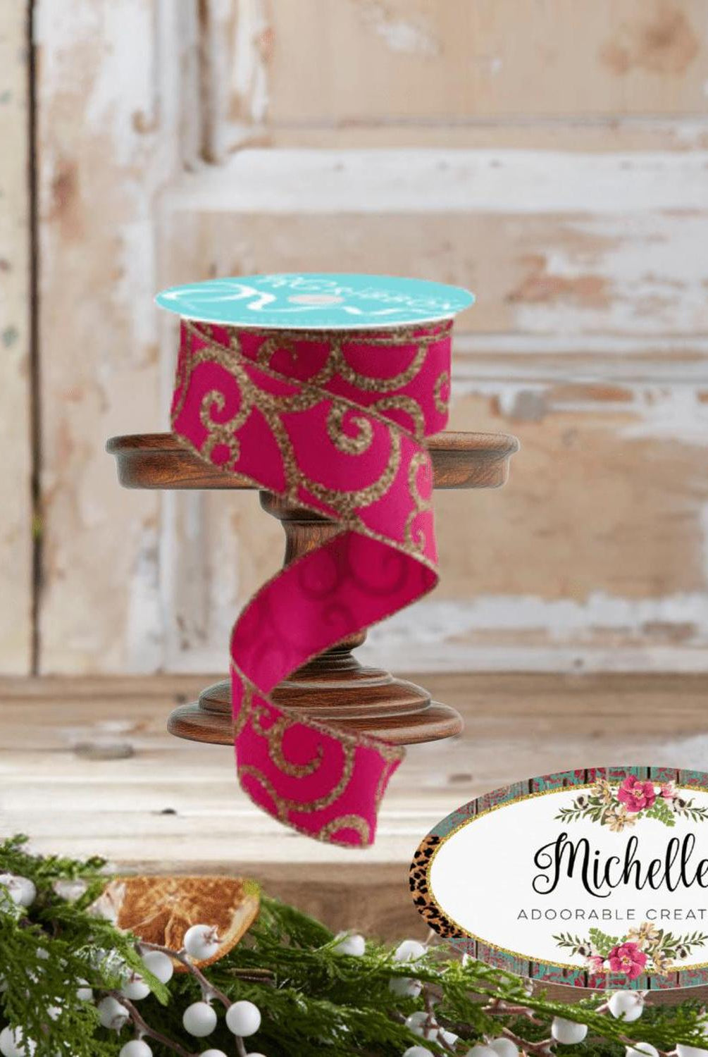 1.5" Glitter Swirl Ribbon: Hot Pink/Gold (10 Yards)