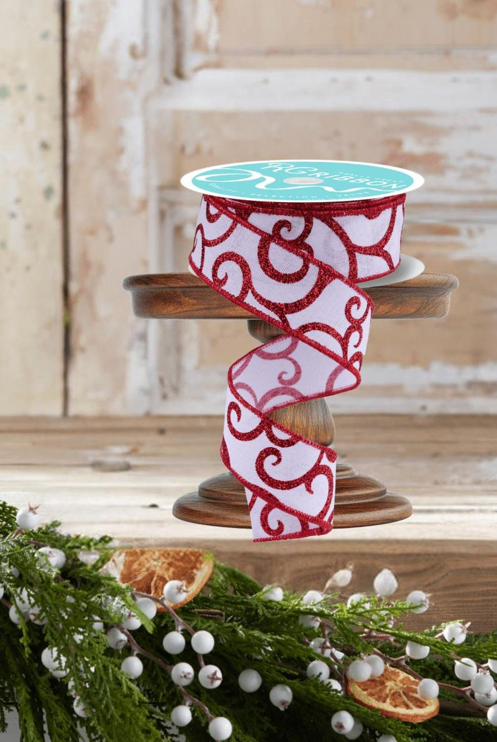 1.5" Glitter Swirl Ribbon: White/Red (10 Yards)