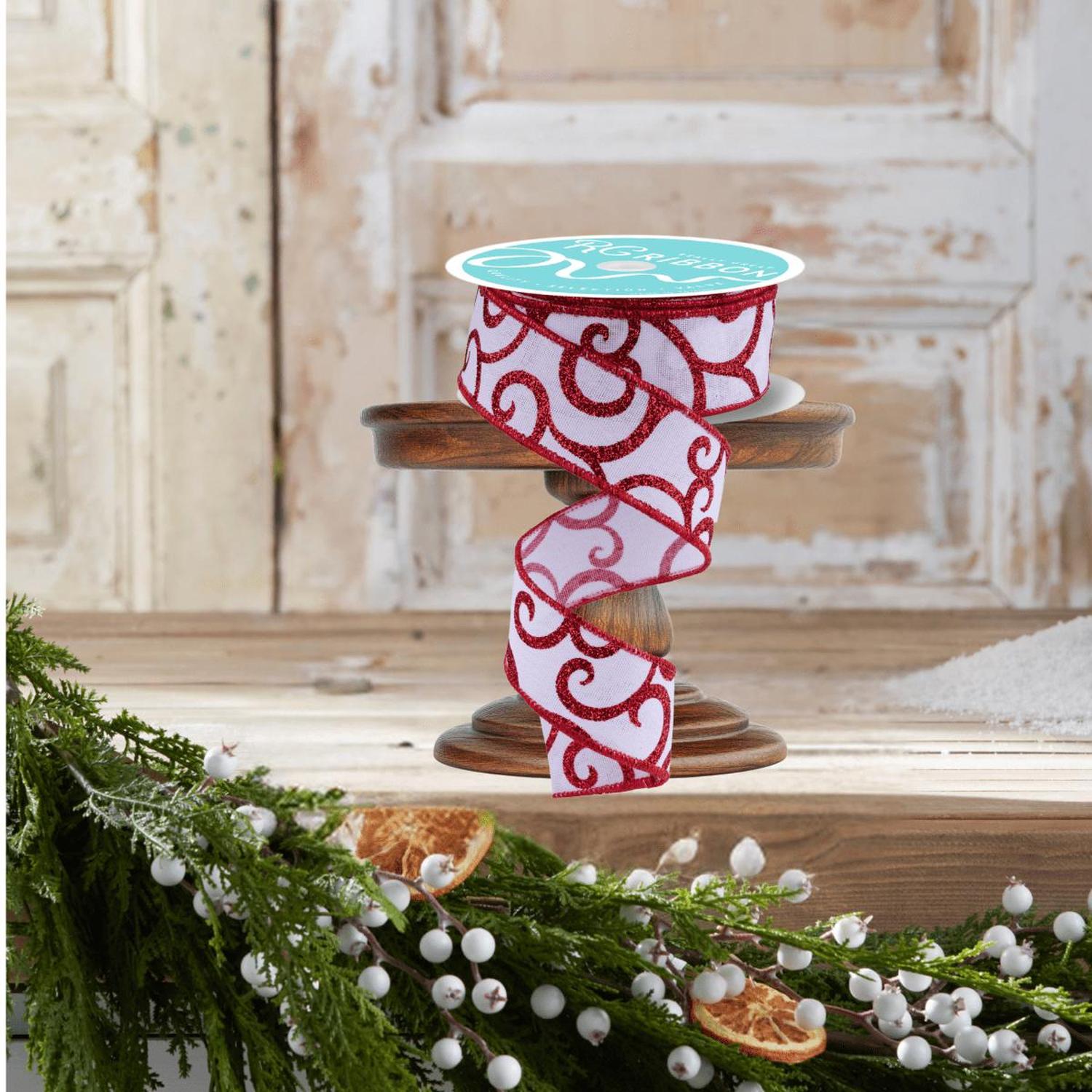 Shop For 1.5" Glitter Swirl Ribbon: White/Red (10 Yards)