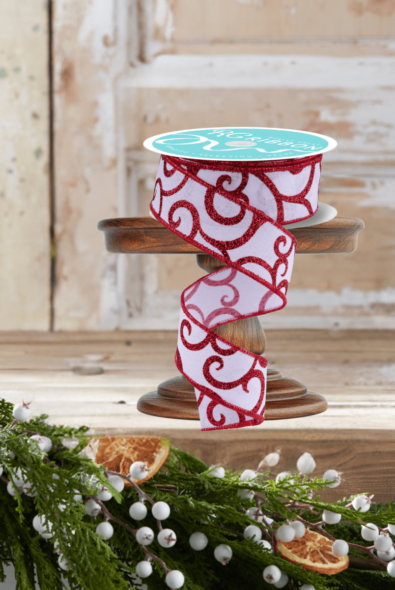 Shop For 1.5" Glitter Swirl Ribbon: White/Red (10 Yards)