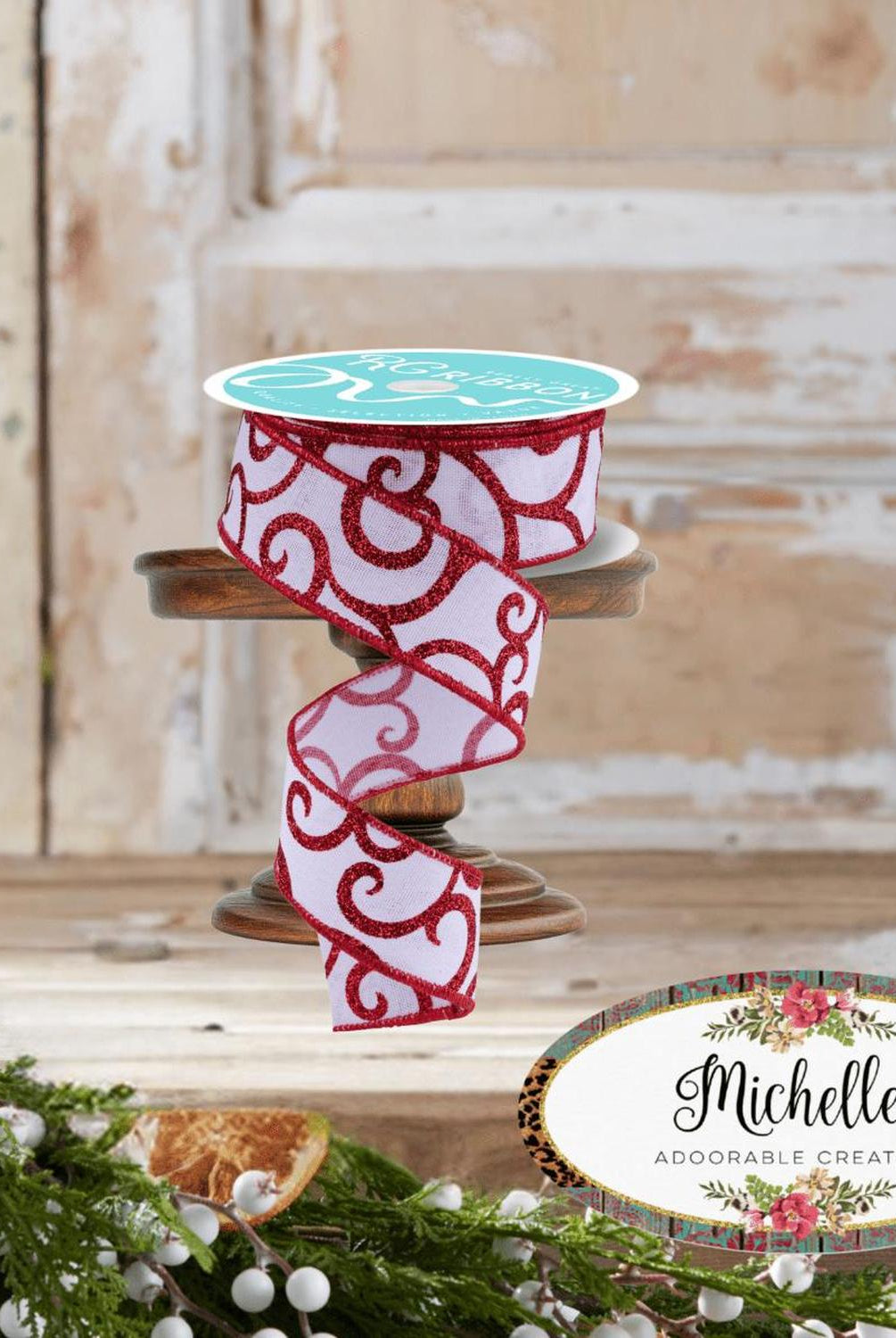 1.5" Glitter Swirl Ribbon: White/Red (10 Yards)