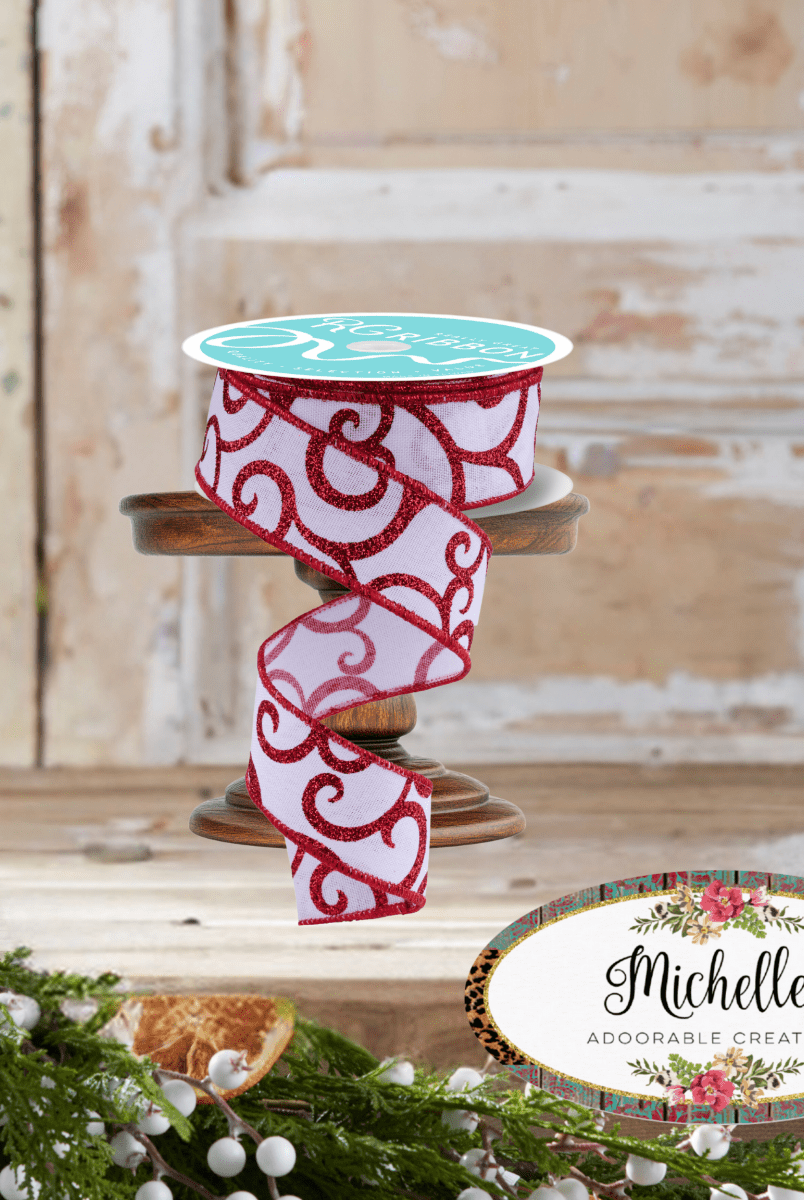 Shop For 1.5" Glitter Swirl Ribbon: White/Red (10 Yards)