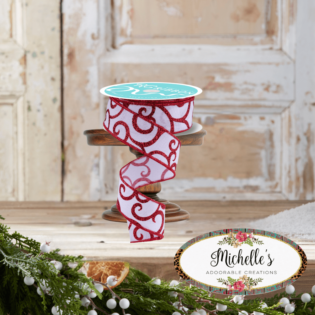 Shop For 1.5" Glitter Swirl Ribbon: White/Red (10 Yards)