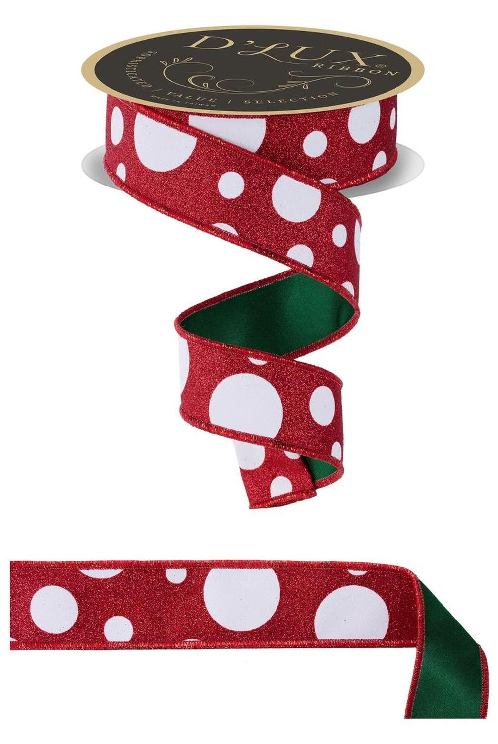 1.5 in Giant Polka Dot Fused Ribbon: Red/Green (10 Yards)