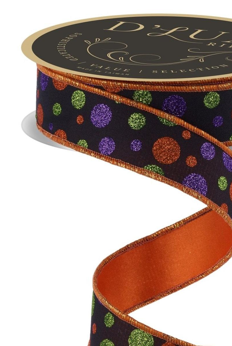 Shop For 1.5 in Glitter Polka Dot Fused Ribbon: Black/Orange/Purple (10 Yards)