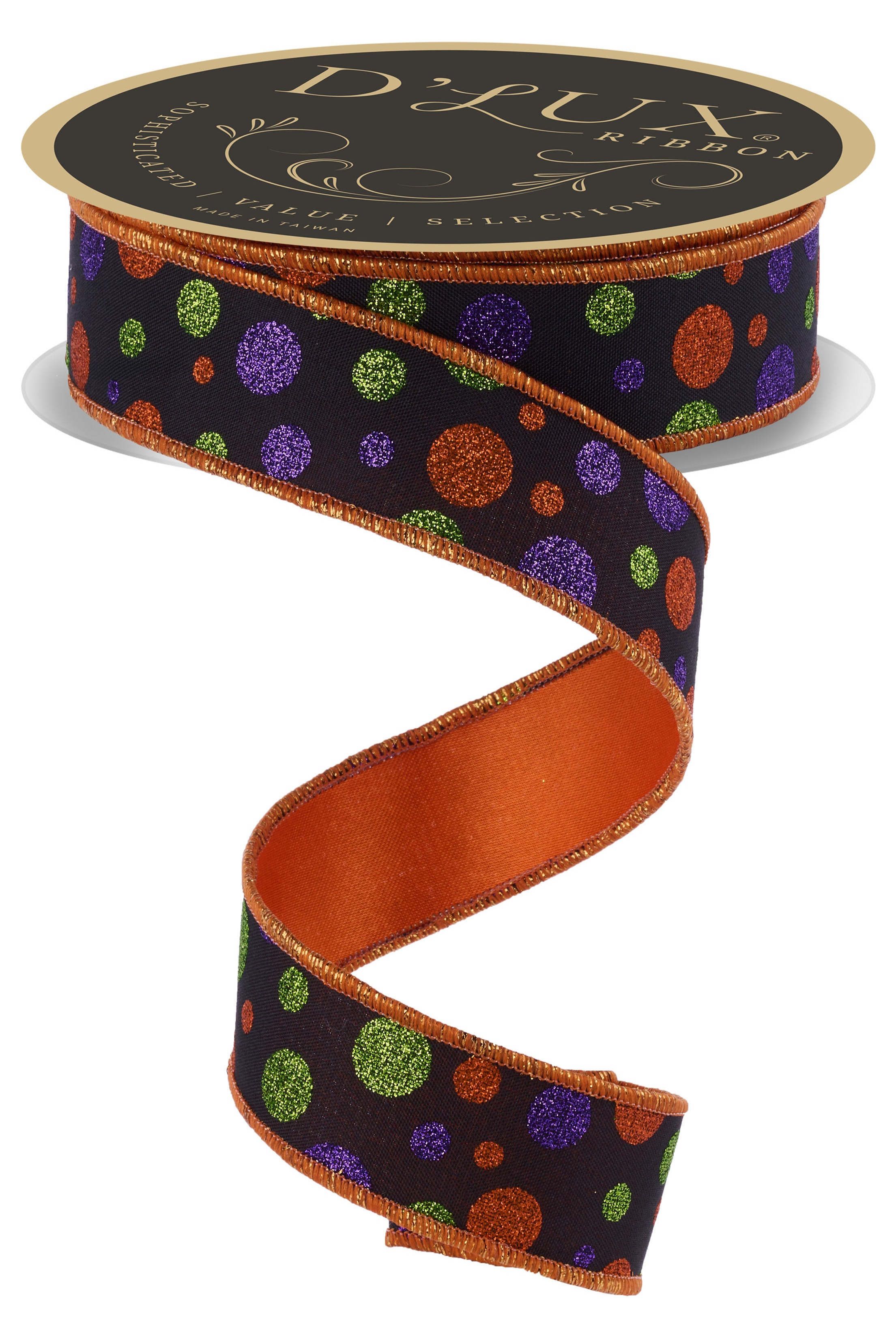 Shop For 1.5 in Glitter Polka Dot Fused Ribbon: Black/Orange/Purple (10 Yards)