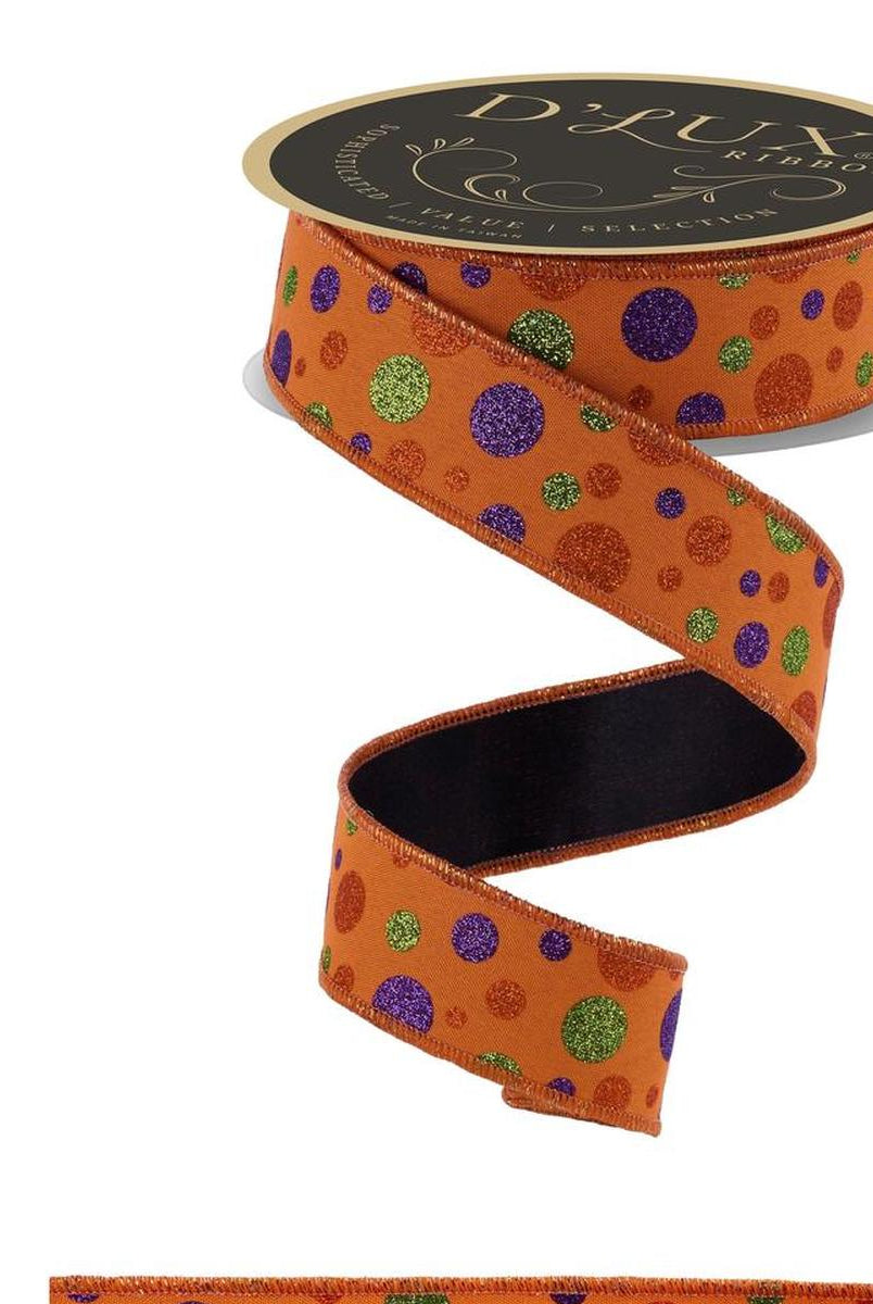 Shop For 1.5 in Glitter Polka Dot Fused Ribbon: Orange/Lime/Purple (10 Yards)