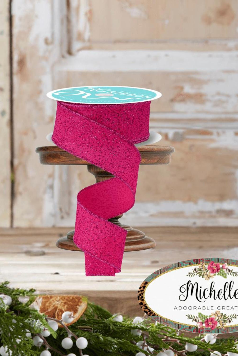 1.5" Irregular Spotted Glitter Ribbon: Fuchsia (10 Yards)