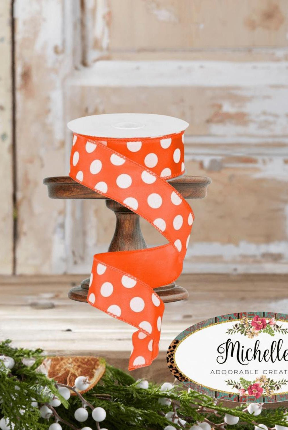 1.5" Large Polka Dot Ribbon: Orange/White (10 Yards)