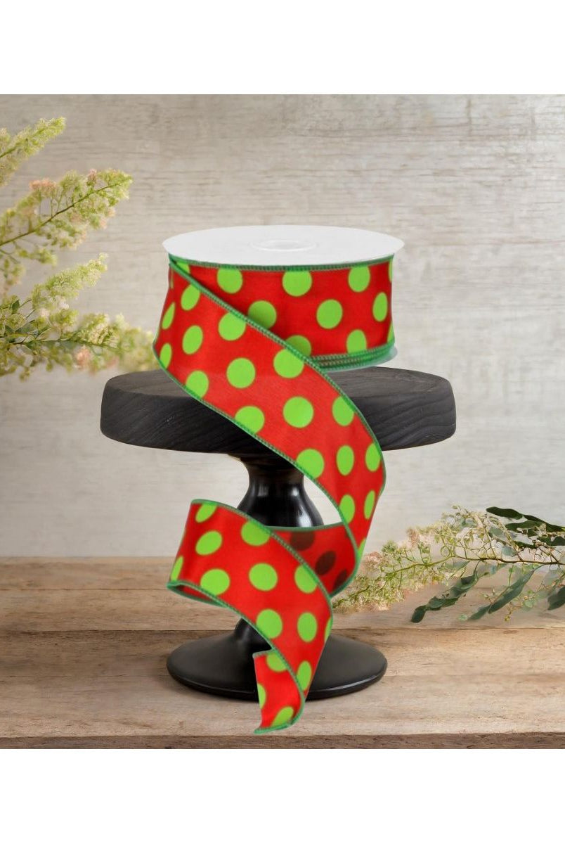 Shop For 1.5" Large Polka Dot Ribbon: Red & Lime Green (10 Yards) at Michelle's aDOORable Creations