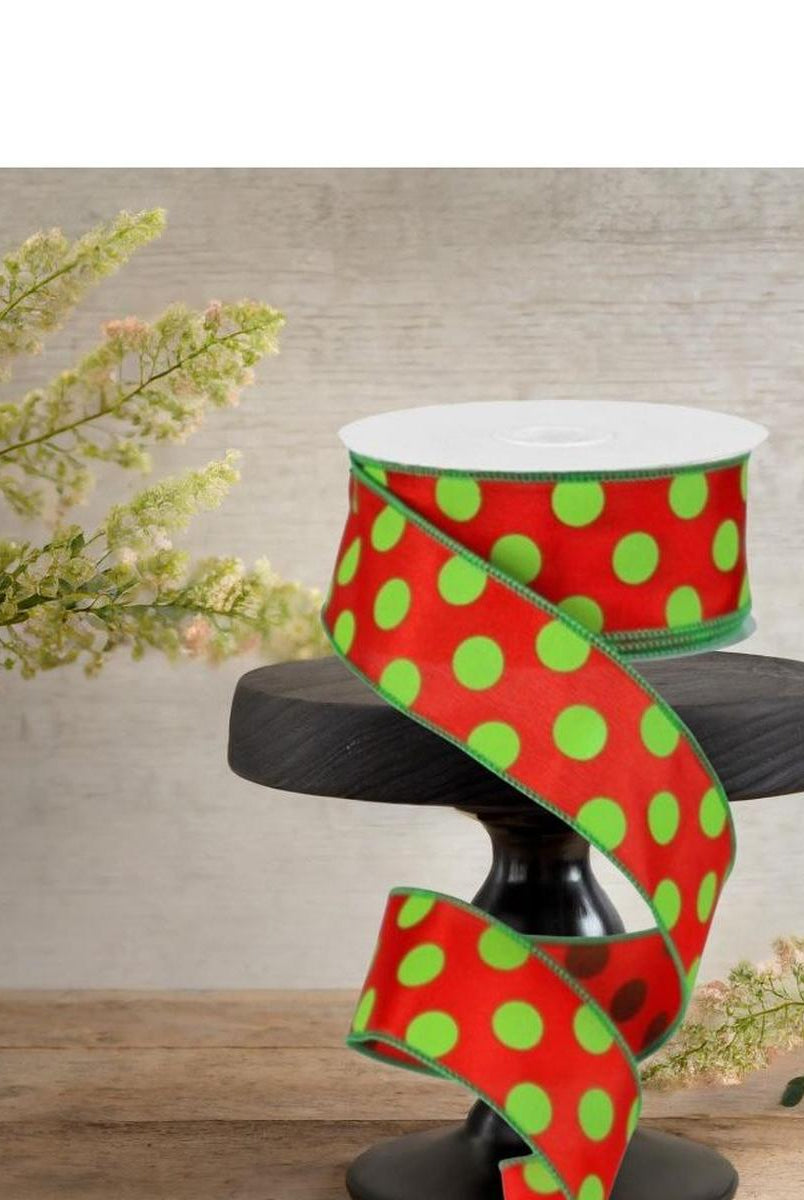 Shop For 1.5" Large Polka Dot Ribbon: Red & Lime Green (10 Yards) at Michelle's aDOORable Creations
