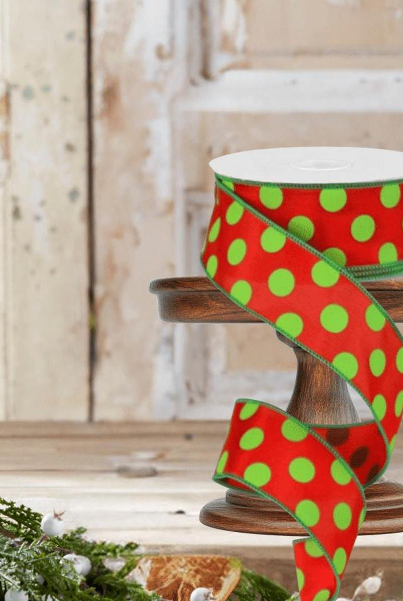 Shop For 1.5" Large Polka Dot Ribbon: Red & Lime Green (10 Yards)