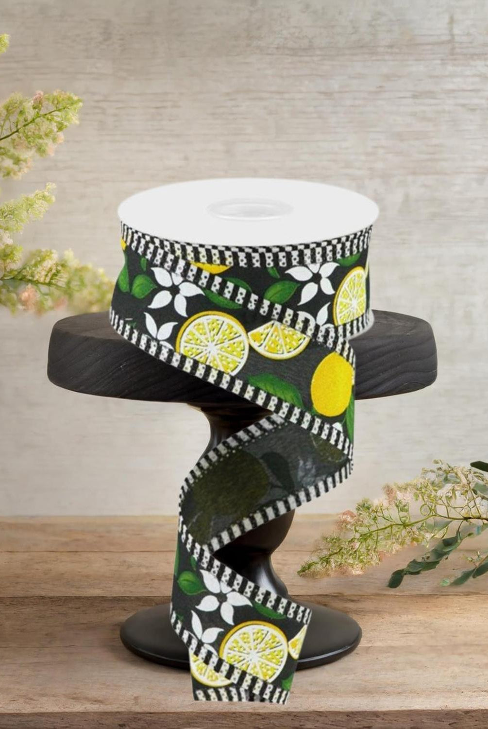 1.5" Lemon Thin Stripes Ribbon: Black (10 Yards)