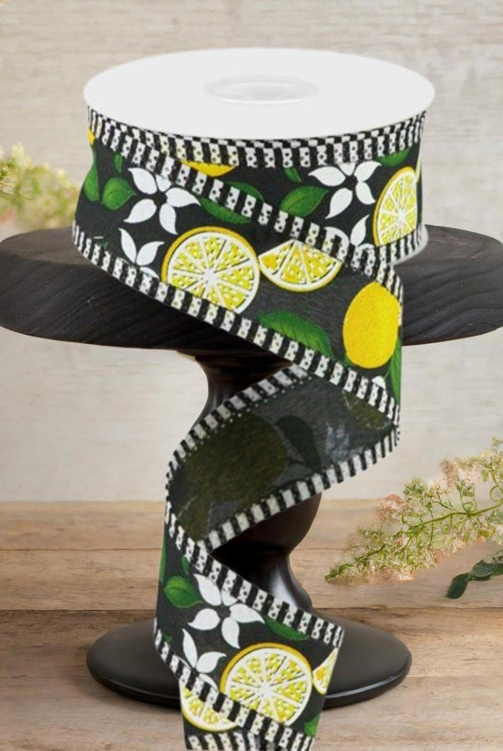 1.5" Lemon Thin Stripes Ribbon: Black (10 Yards)