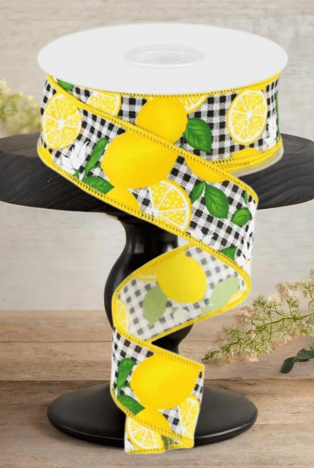 Shop For 1.5" Lemon with Leaves Check Ribbon: Black & White (10 Yards)