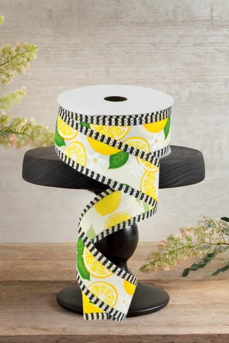 Shop For 1.5" Lemon with Leaves Thin Stripes Ribbon: Cream (10 Yards)