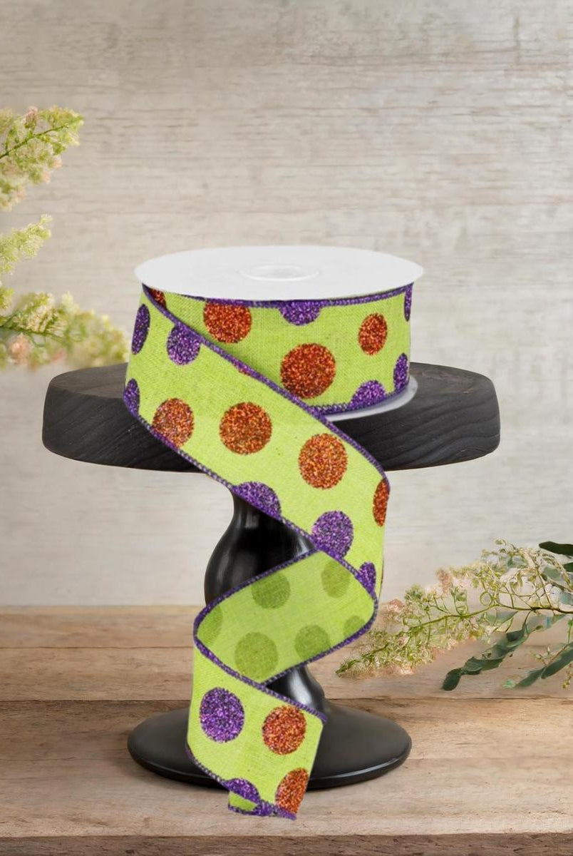 Shop For 1.5" Lime Green Ribbon with Multi Glitter Dots