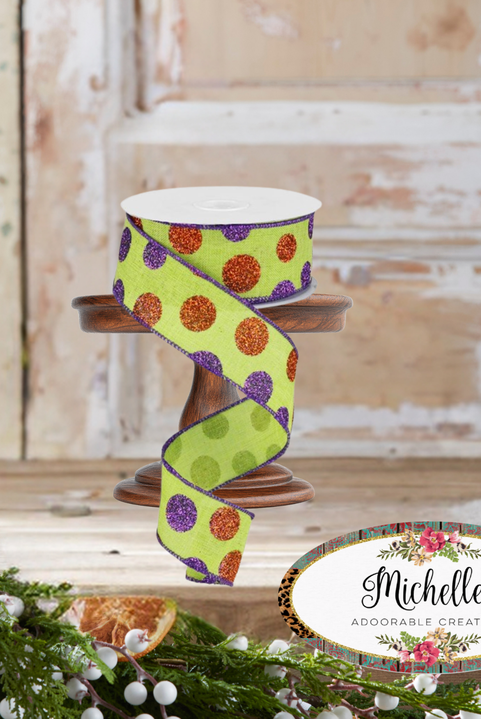 Shop For 1.5" Lime Green Ribbon with Multi Glitter Dots