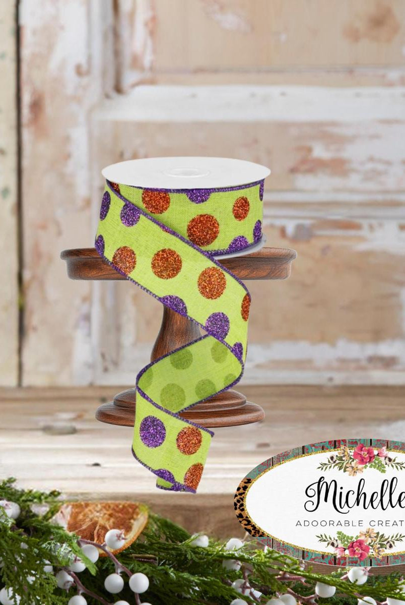 Shop For 1.5" Lime Green Ribbon with Multi Glitter Dots