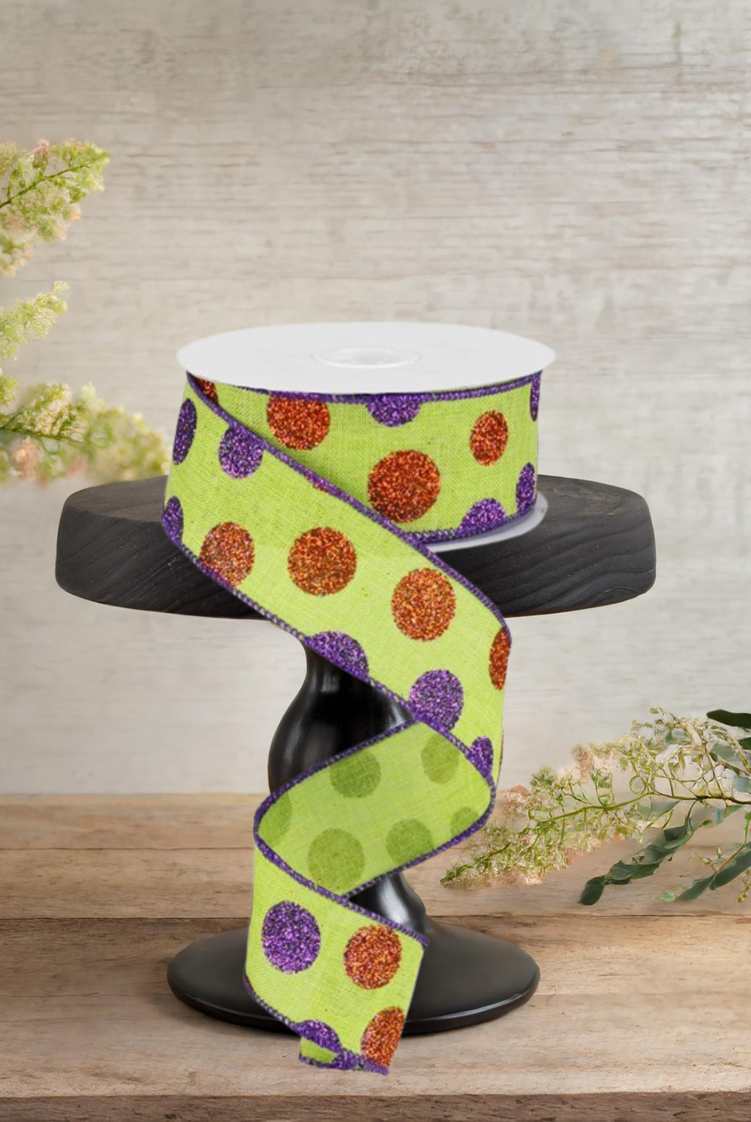 Shop For 1.5" Lime Green Ribbon with Multi Glitter Dots