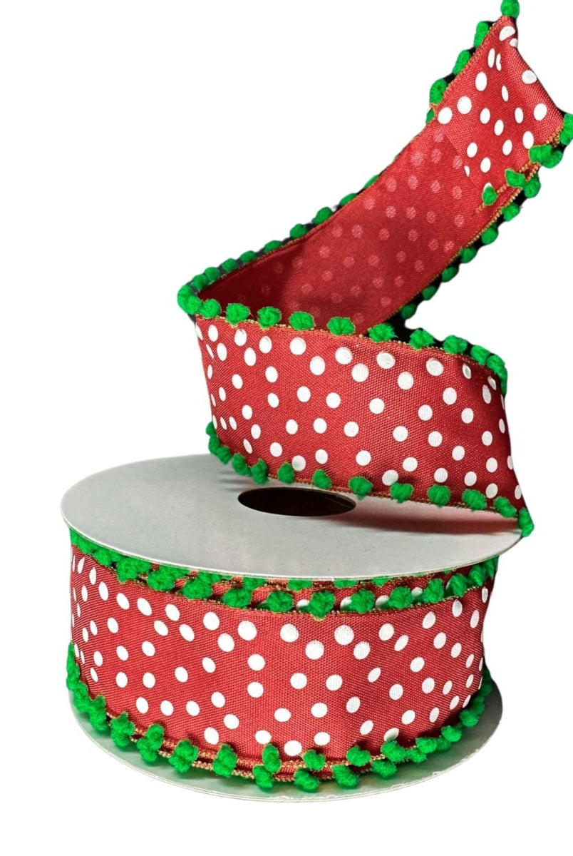 Shop For 1.5" Linen Dots Pom Pom Ribbon: Red/Green (10 Yards)