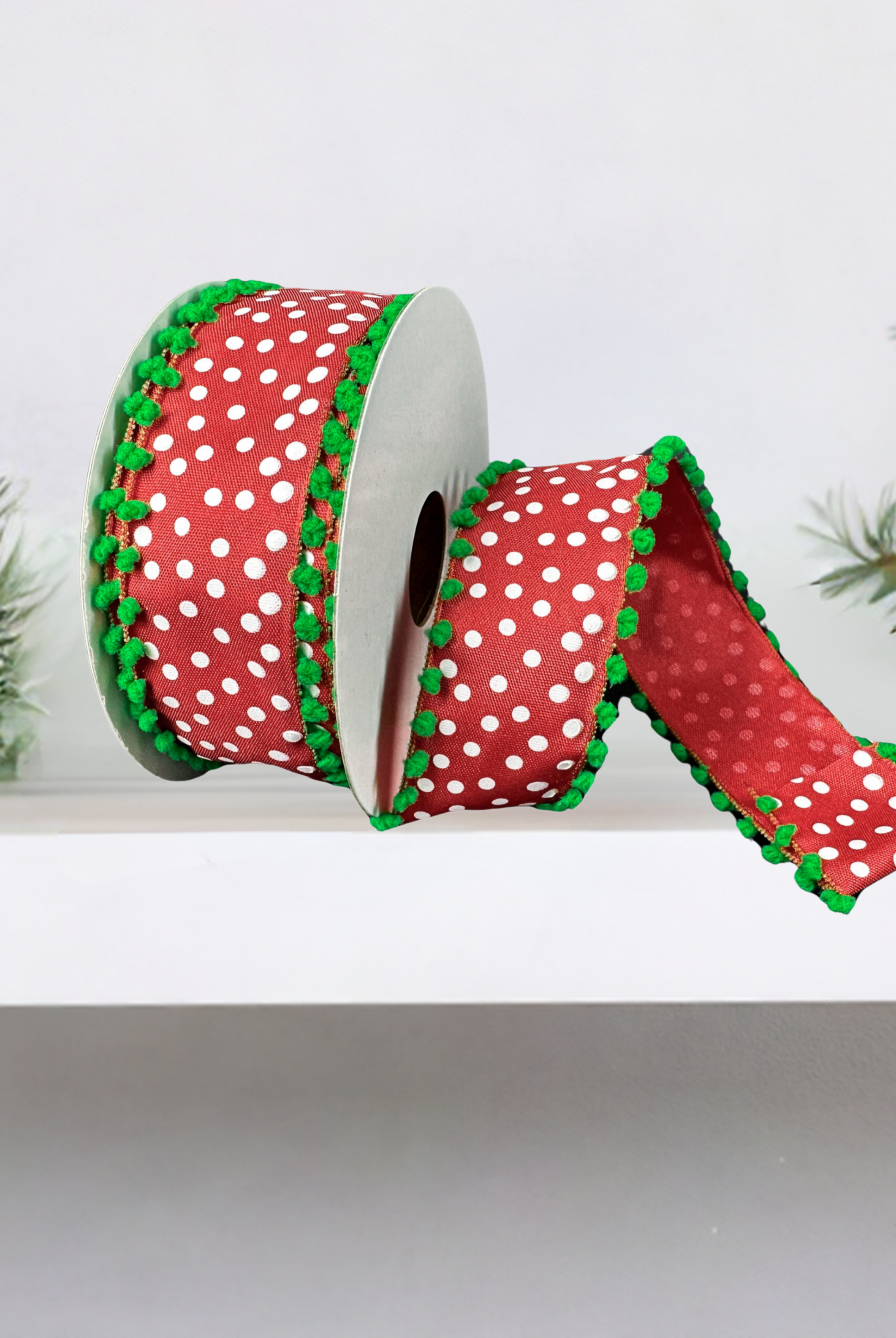Shop For 1.5" Linen Dots Pom Pom Ribbon: Red/Green (10 Yards)