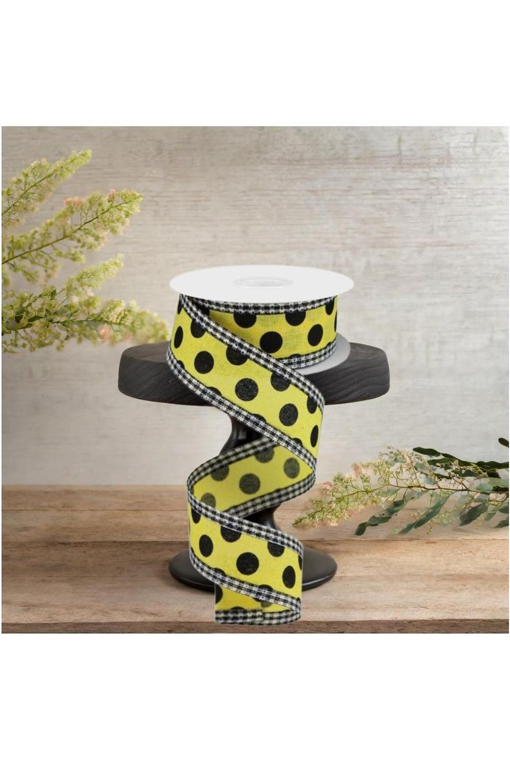 1.5" Medium Polka Dots Gingham Edge: Yellow & Black (10 Yards)