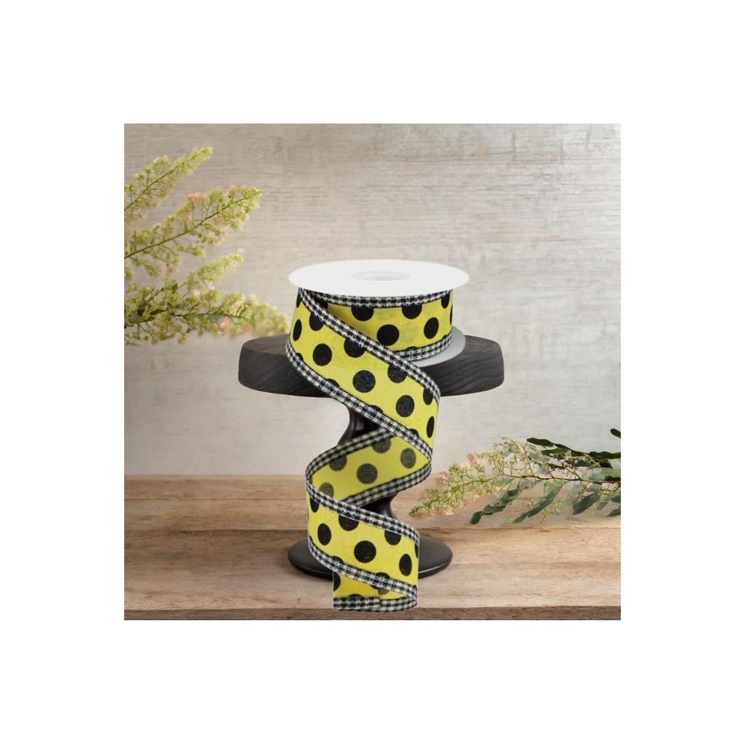 Shop For 1.5" Medium Polka Dots Gingham Edge: Yellow & Black (10 Yards)
