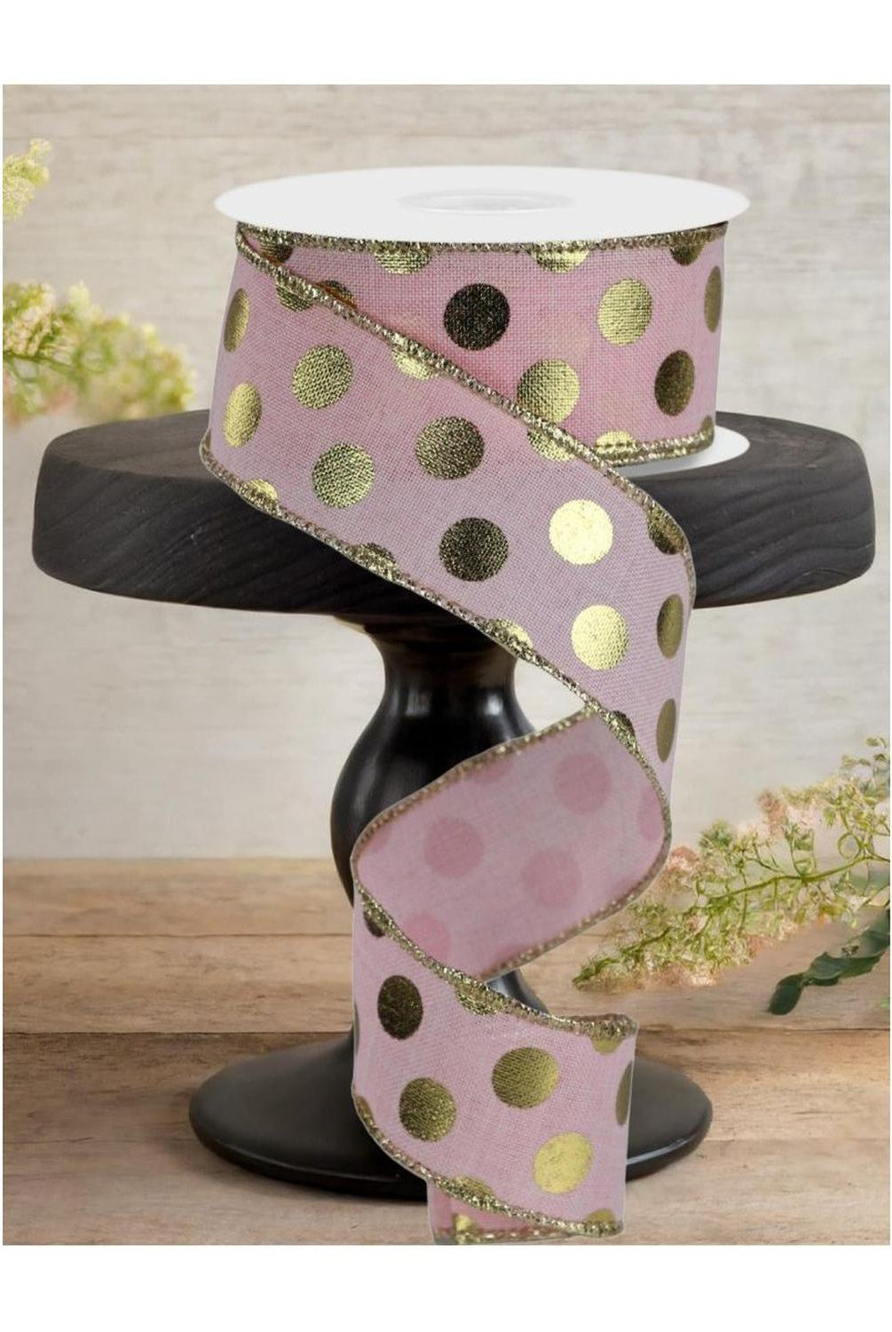 1.5" Metallic Polka Dots Ribbon: Pale Pink (10 Yards)