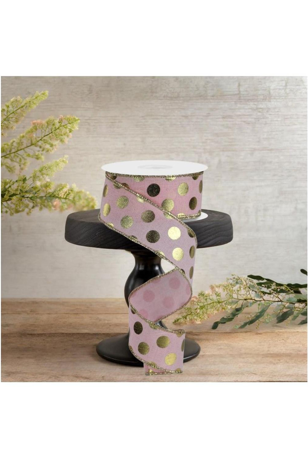 1.5" Metallic Polka Dots Ribbon: Pale Pink (10 Yards)