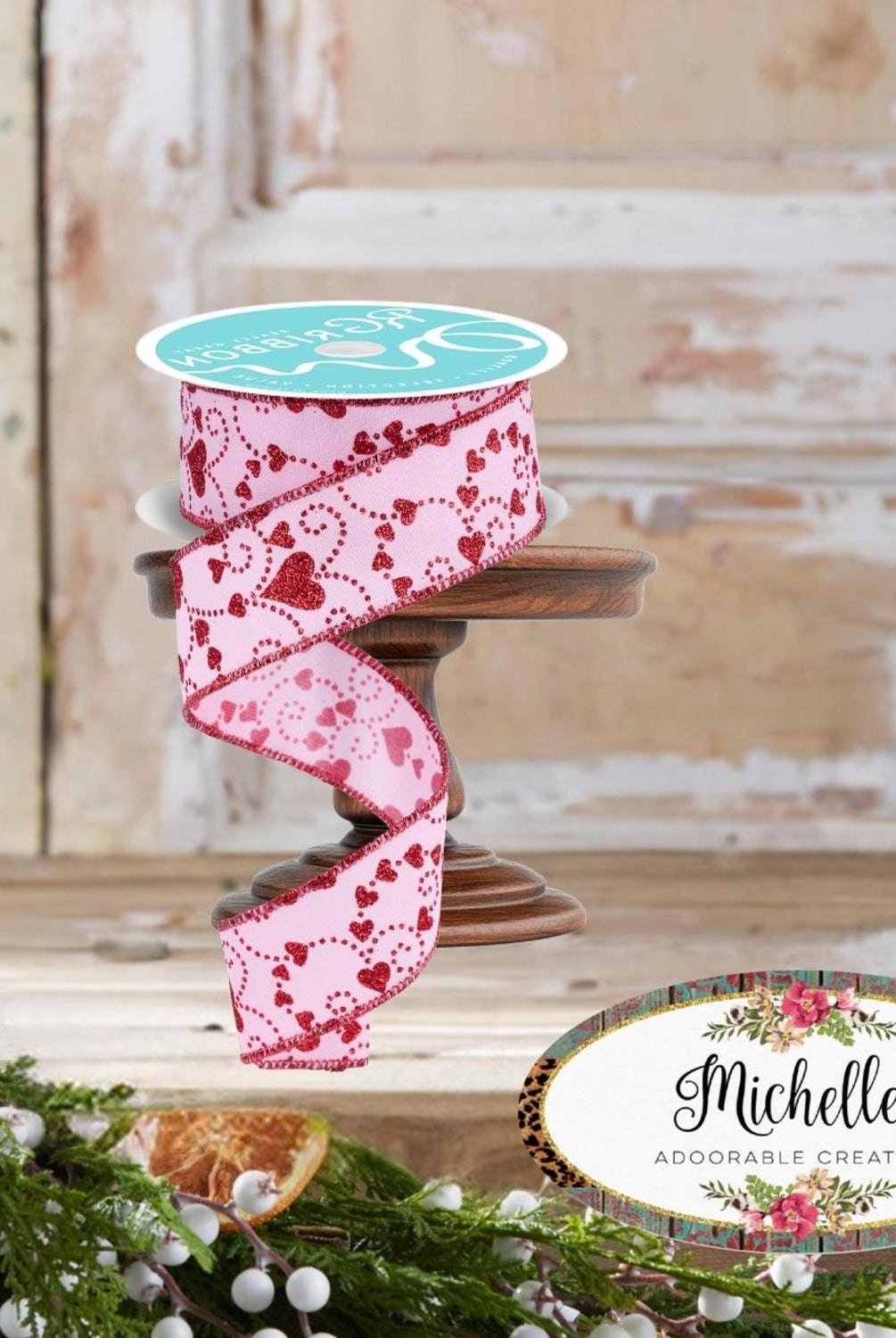 1.5" Mini Swirl Heart Ribbon: Pink/Red (10 Yard)