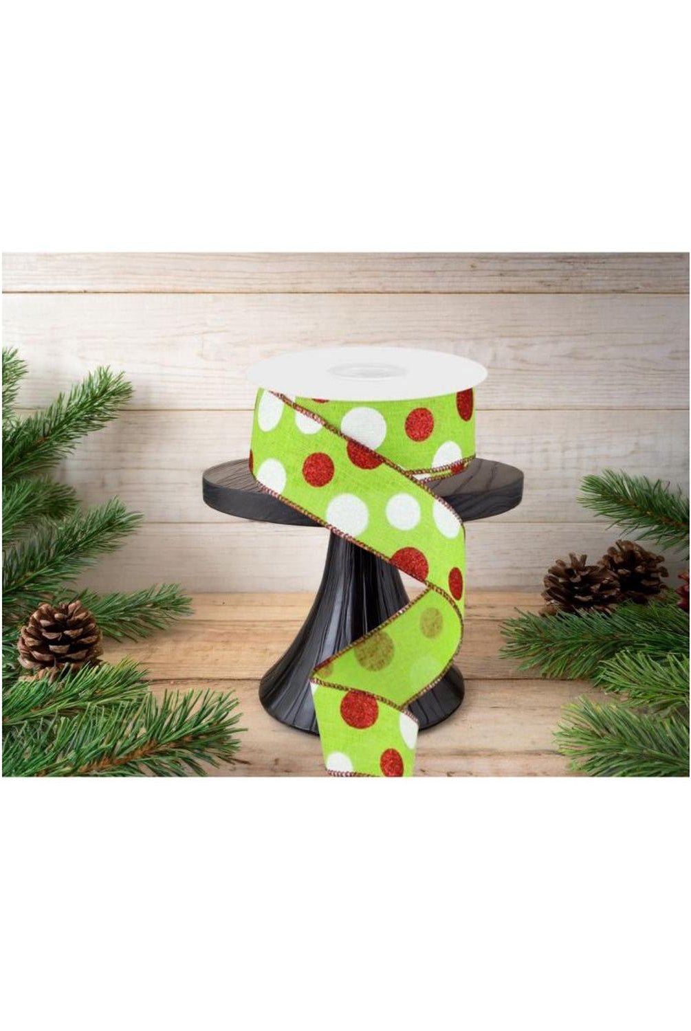 1.5" Multi Glitter Dots Ribbon: Lime Green, Red, White (10 Yards)