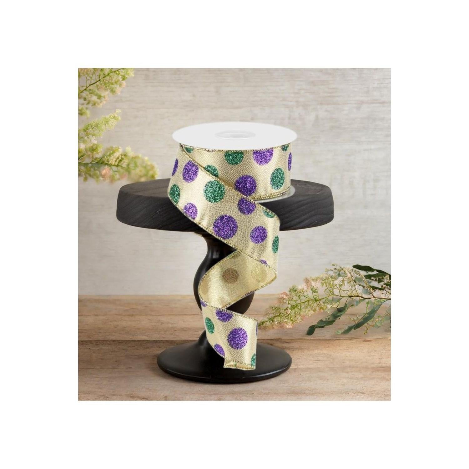1.5" Multi Glitter Dots Ribbon: Mardi Gras (10 Yards)